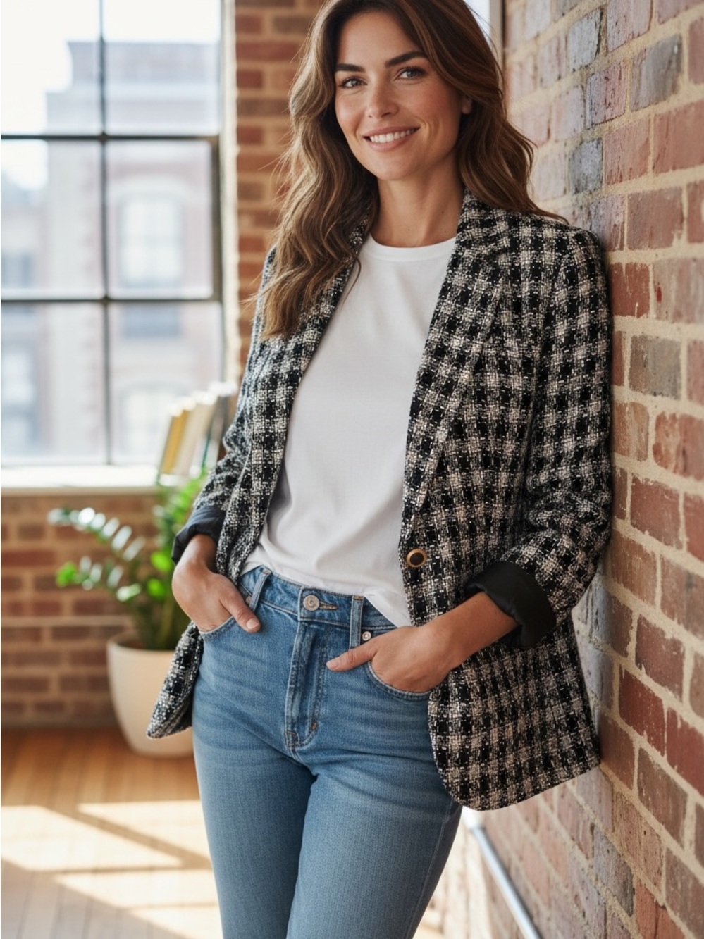 Boutique Blazer - Black/White/Gold Houndstooth Blazer